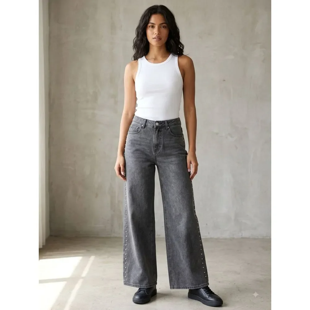 NWT YMI High Rise Wide Leg Studded Gray Jeans Size 9/29